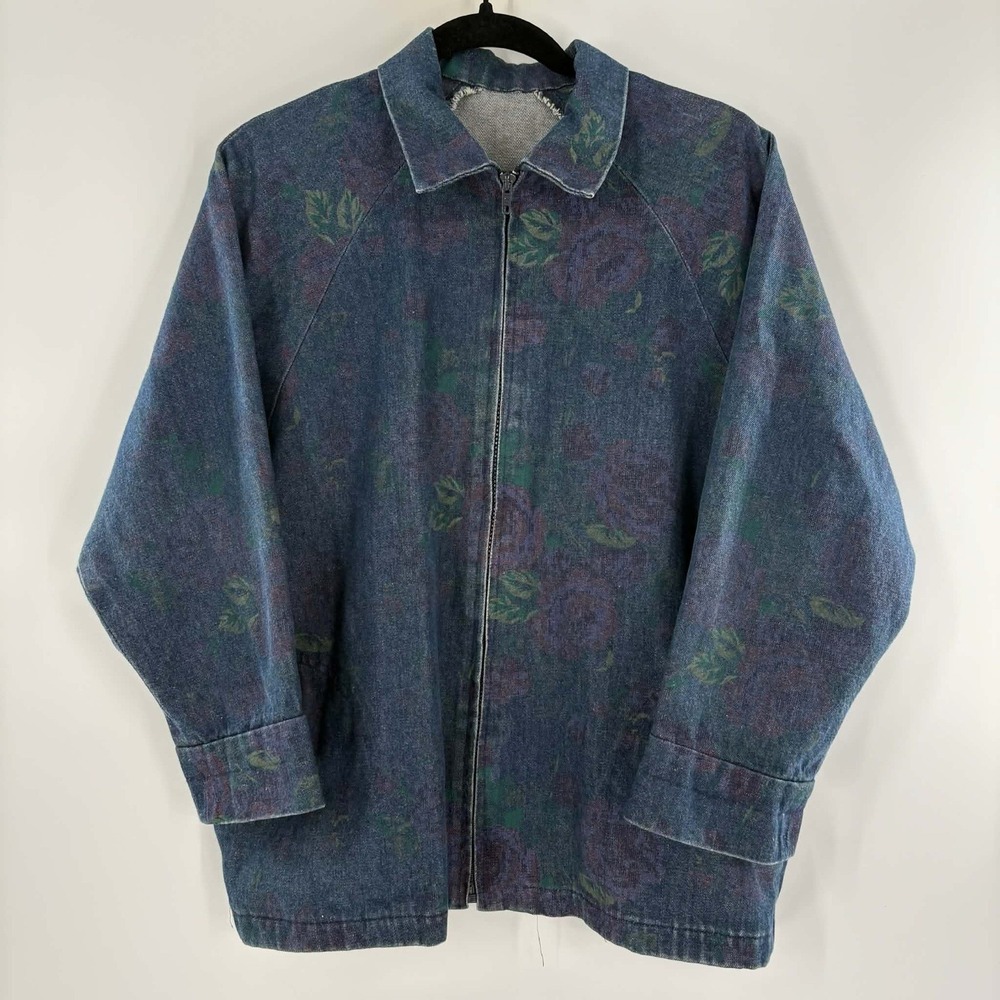 Hand Made Women's Large Denim Jacket Floral Sewn AOP Dark Wash